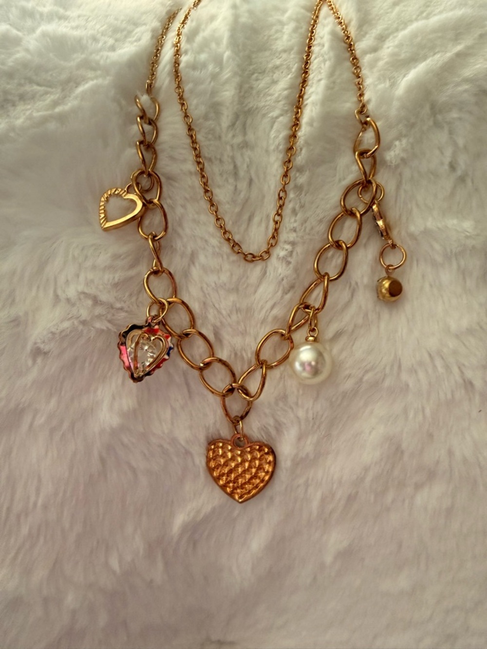 Gold-Tone Heart Charm Link Necklace with Pearl Accent
